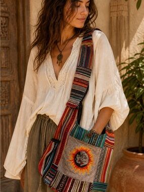 Boho Sun Moon Bag Nepal Cotton Hippie Festival Crossbody Slouchy Tote